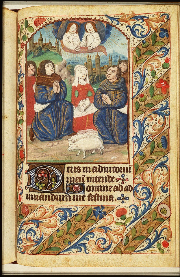 Illuminierte Handschriftenseite mit der Darstellung der Geburt Jesu und Marias, umgeben von Menschen in traditioneller Kleidung und grasenden Tieren, mit detaillierten und leuchtenden Farben.