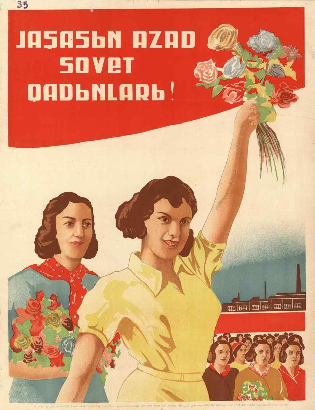 Sowjetisches Propagandaplakat zum Frauentag mit einer Frau, die Blumen hält, umgeben von Menschen und einem Gebäude, mit der Aufschrift "Frauentag."