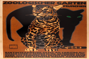 Ein Plakat, das einen Zoo in München, Deutschland, bewirbt und ein Leopard und eine Katze zeigt, mit Text, der Informationen über den Zoo enthält.