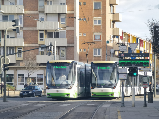 Zwei grüne und weiße Straßenbahnen auf einer Stadtstraße mit hohen Gebäuden, Fahrzeugen, Fußgängern, Ampeln, Pfählen, Schildern und Bäumen unter einem bewölkten Himmel.