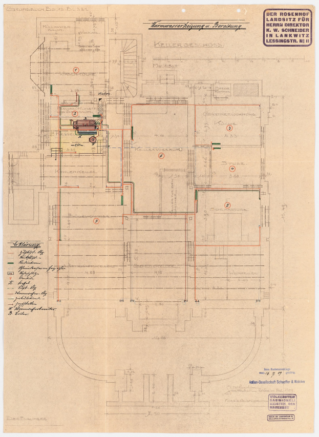 Schwarz-weißer Architekturplan vom Rosenhof-Krankenhaus in Hamburg, Deutschland, der detaillierte Layout mit zahlreichen Drähten zeigt, die elektrische oder strukturelle Pläne und begleitende Textanmerkungen enthalten.