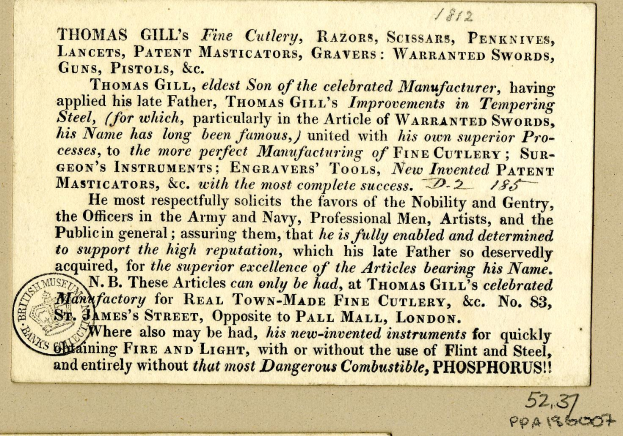 Papierdokument mit gedrucktem Text und einem roten Stempel mit der Aufschrift "Thomas Gill's Fine Cutlery, Razors, Scissor, Penknives, Lancets, Patent Masticators, Gravers, Warranty Swords, Guns, Pistols, etc."