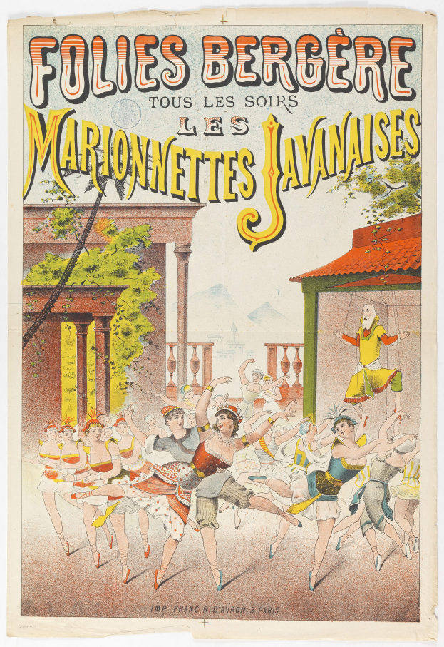 Ein Plakat, das eine Tanzshow in Paris ankündigt, zeigt eine Gruppe von Menschen, die im Vordergrund tanzen, mit einem Gebäude, Bäumen und Himmel im Hintergrund sowie Text.