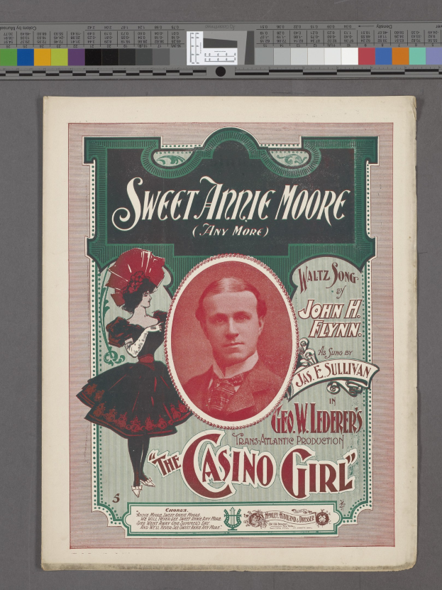 Plakat für 'Sweet Annie Moore und die Casino Girl' mit zwei Schauspielern und einer auffälligen Titelzeile auf einem hellgelben Hintergrund.