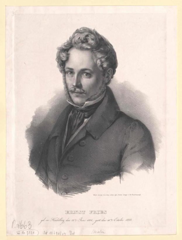 Schwarz-weiß-Porträt von Ernst Frühls, einem deutschen Komponist und Pianisten, der einen Anzug trägt und einen Schnurrbart hat, begleitet von deutschem Text unten.