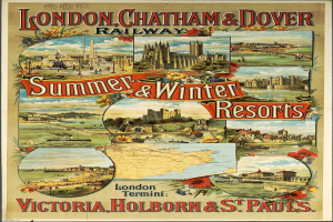 Plakatwerbung für London, Chatham und Dover Railway Sommer- und Winterresorts mit Abbildungen von Gebäuden, Bäumen, Blumen, einer Karte und beschreibendem Text.