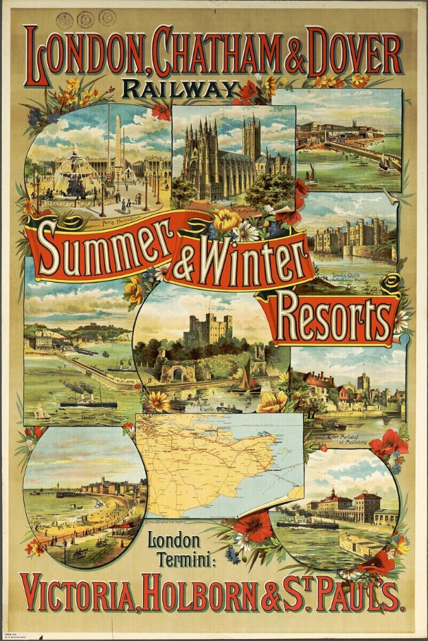 Plakatwerbung für London, Chatham und Dover Railway Sommer- und Winterresorts mit Abbildungen von Gebäuden, Bäumen, Blumen, einer Karte und beschreibendem Text.