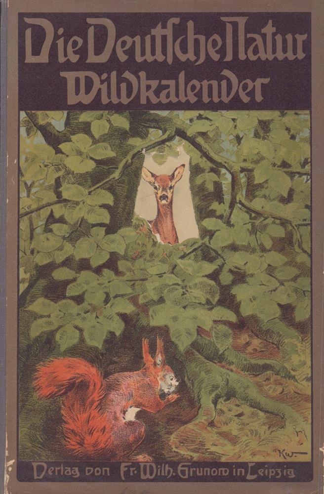 Ein Buch mit einem Einband, der ein Reh und einen Eichhörnchen in einem Wald zeigt, betitelt mit "Die Deutsche Jagd Wildkalender".