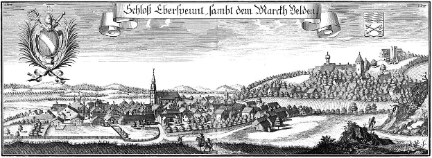 Eine Schwarzweiß-Radierung einer Stadt mit einem Schloss im Hintergrund, umgeben von Häusern, Bäumen, Hügeln und Menschen, mit dem Text "Schof Eberpeunt, Lambt den March Helden" oben.