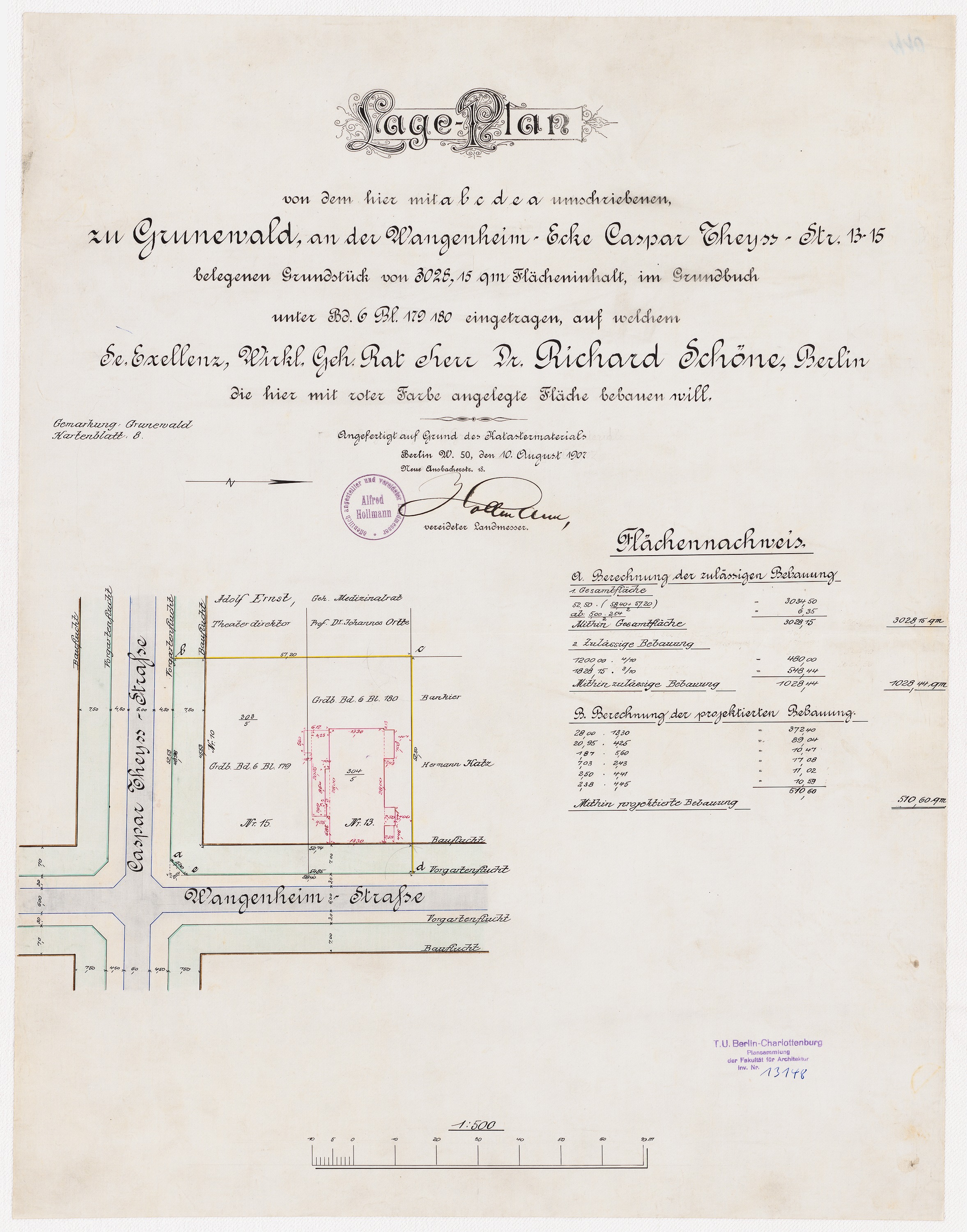 Ein detaillierter alter Stadtplan eines Parkplatzes in Berlin, der den Aufbau mit Text und einem Stempel zeigt, der den Standort angibt.