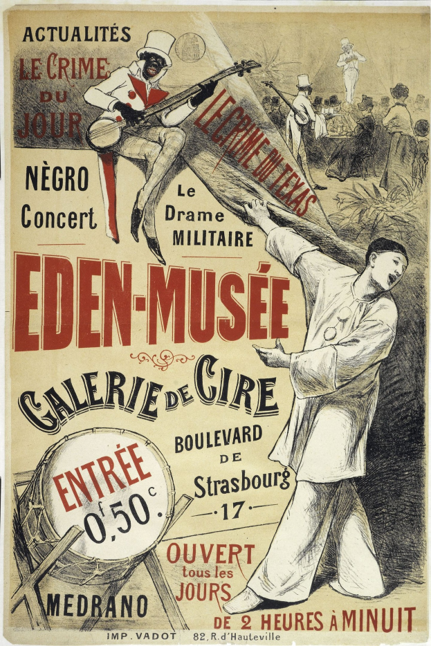 Plakat für das Eden-Museum Galerie de Cire in Straßburg, Frankreich, das ein musikalisches Konzert mit einer zentralen Figur auf einem Instrument und anderen Musikern ankündigt.