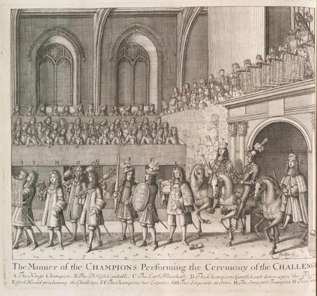 Eine Zeichnung einer Gruppe von Menschen, einige auf Pferden, vor einer Menge mit einem Gebäude im Hintergrund, mit Text unten, der "Die Art und Weise, wie die Champions die Herausforderungszeremonie durchführen" liest.