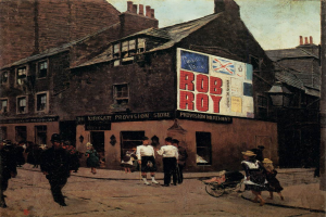 Ein Gemälde, das Menschen vor einem Gebäude mit Fenstern und einer Tafel zeigt, auf der "Rob Roy - The Kirkgate Provision Store" steht, sowie einen Himmel im Hintergrund.