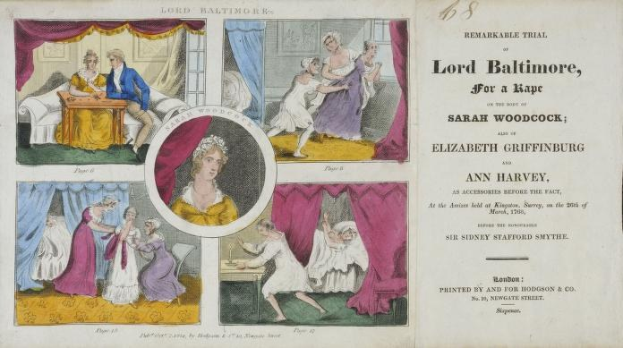 Ein historisches Dokument, das einen Prozess gegen Lord Baltimore wegen angeblicher Vergewaltigung zeigt, einschließlich Illustrationen von Menschen, Vorhängen und geschriebenem Text.