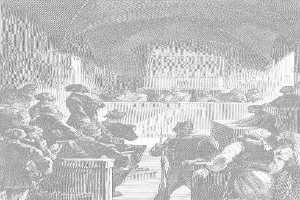 Eine Schwarz-Weiß-Zeichnung einer Gerichtsszene mit einem Mann, der eine Waffe hält und vor einer Menge von Menschen steht, die auf Bänken sitzen und andere stehen, mit der Inschrift "Der Prozess gegen Thomas Jefferson" unten.