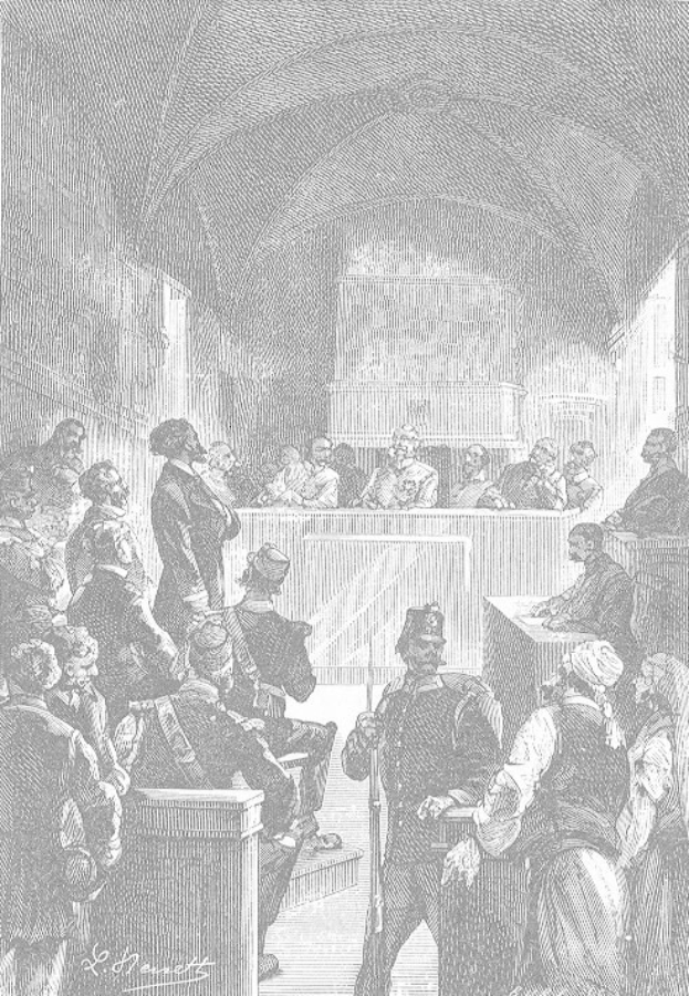 Eine Schwarz-Weiß-Zeichnung einer Gerichtsszene mit einem Mann, der eine Waffe hält und vor einer Menge von Menschen steht, die auf Bänken sitzen und andere stehen, mit der Inschrift "Der Prozess gegen Thomas Jefferson" unten.