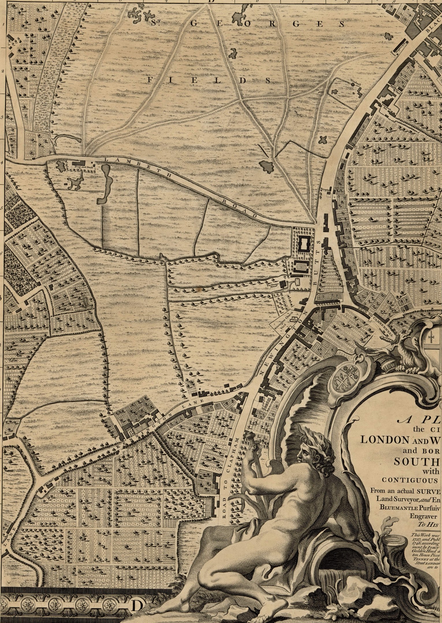 Ein detailliertes Stadtplanplakat von London und seiner Umgebung mit einer zentralen Skulptur einer Person.