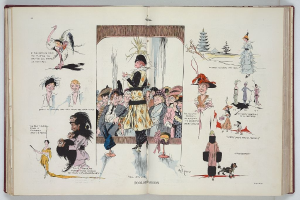 Offenes Buch mit einer Zeichnung einer vielfältigen Gruppe von Menschen auf einer flachen Oberfläche, mit Bildern und Text, wahrscheinlich über Mode.