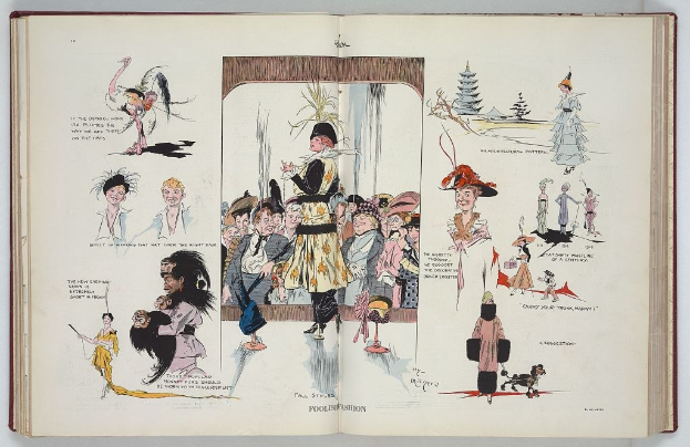 Offenes Buch mit einer Zeichnung einer vielfältigen Gruppe von Menschen auf einer flachen Oberfläche, mit Bildern und Text, wahrscheinlich über Mode.