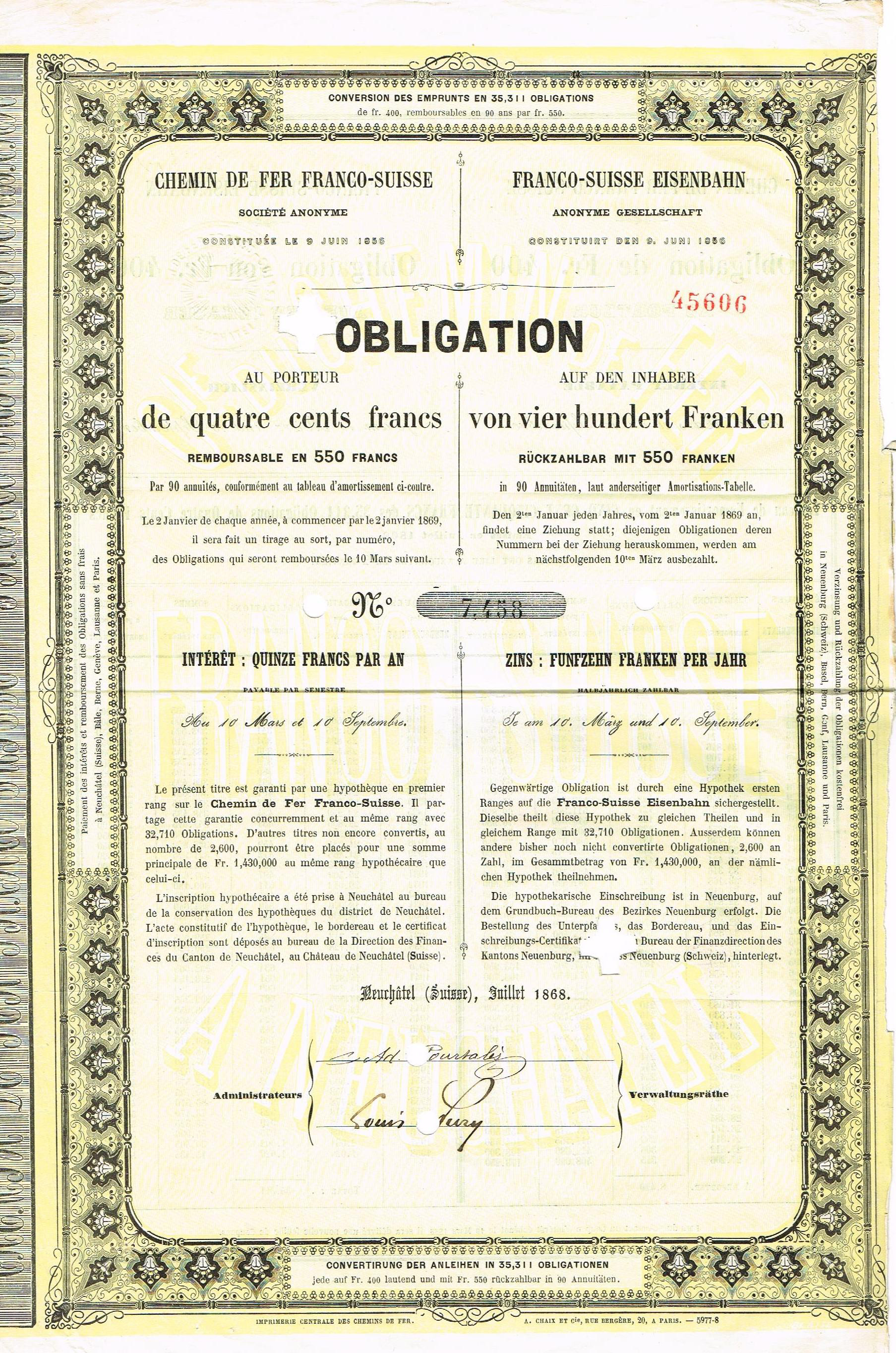 Ein altes französisches Regierungsaktienzertifikat zum Kauf von 500 Franken, mit Text und Zahlen.