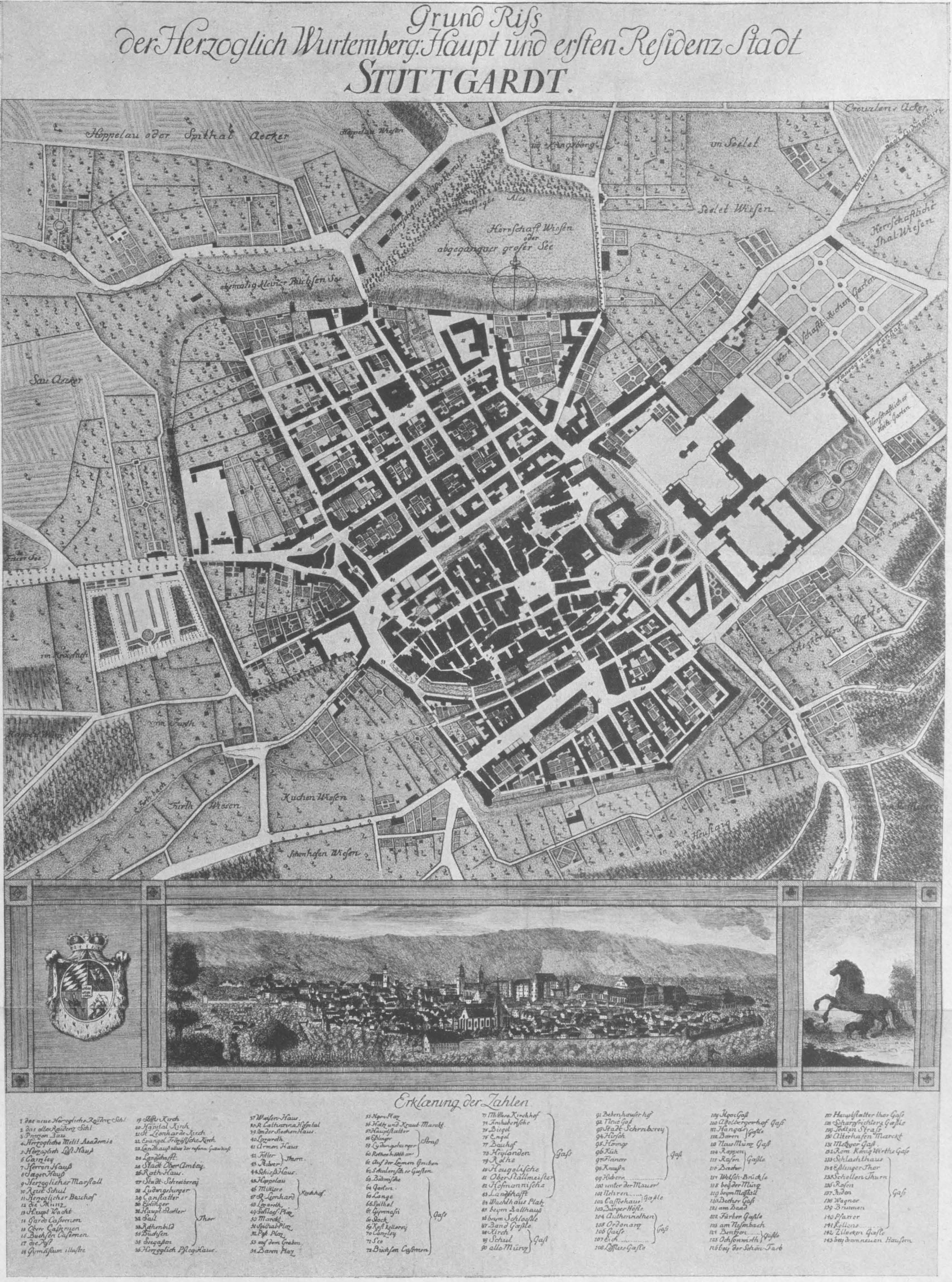 Eine Schwarz-Weiß-Karte von Stuttgart, Deutschland, die Straßen, Gebäude und Sehenswürdigkeiten zeigt, mit Text und Logo oben und unten.