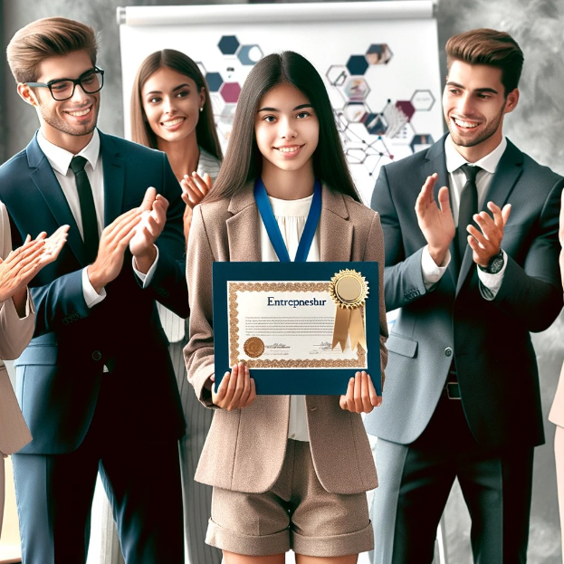 Eine Gruppe von Menschen in einem beruflichen Setting klatscht und feiert, während eine Frau in der Mitte ein Zertifikat hält und eine Medaille trägt, was den Erfolg im Bereich des Unternehmertums anzeigt.