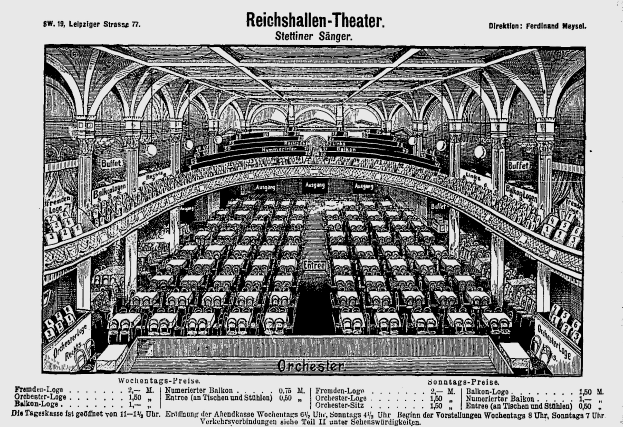 Eine Schwarz-Weiß-Zeichnung des Reichshallen-Theaters in Berlin, Deutschland, zeigt das Auditorium mit Reihen von Stühlen, Säulen und einer Decke, mit Text unten.