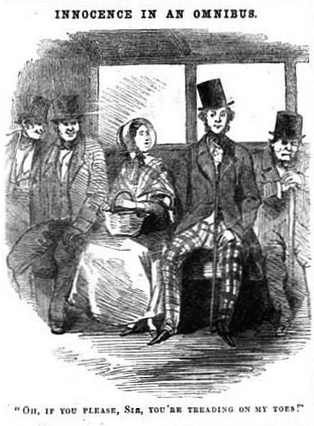 Eine Gruppe verzweifelter Menschen sitzt in einer Bahn, mit einer Frau in langem Kleid und Hut in der Mitte, die einen Korb hält, während der Text oben und unten 'Unschuld in einer Omnibus' lautet.