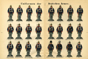 Ein Buch mit einem Raster verschiedener deutscher Armee-Uniformen in unterschiedlichen Farben und Designs, begleitet von beschreibendem Text.