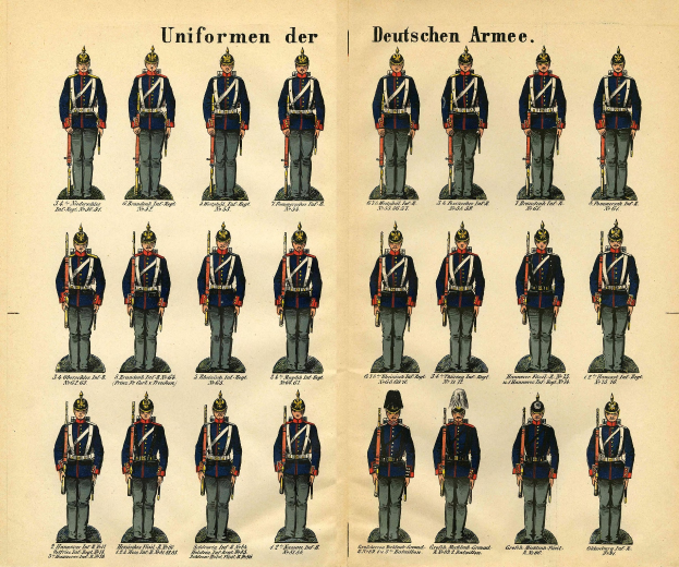 Ein Buch mit einem Raster verschiedener deutscher Armee-Uniformen in unterschiedlichen Farben und Designs, begleitet von beschreibendem Text.