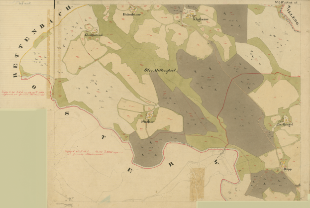 Ein altes Stadtplan von Stuttgart, Deutschland, zeigt Stadtgrenzen, Straßen, Gebäude, Sehenswürdigkeiten und Textdetails.