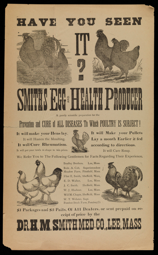Ein Plakat mit Bildern von Hennen und dem Text "Hast du es schon gesehen? Smith's Eier-Gesundheitsproduzent."