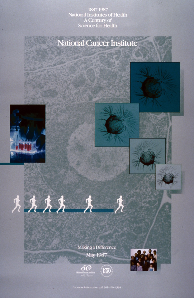 Buntes Plakat mit einem blauen Hintergrund und weißer Schrift, die "National Cancer Institute" in fetten, großen Buchstaben lesen, umgeben von überlappenden Kreisbildern von lächelnden Menschen verschiedenen Alters, Geschlechts und Ethnien.