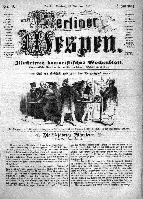 Eine alte Zeitung mit dem Titel 'Berliner Wespen' vom 21. Februar 1873, die eine Gruppe von Menschen in traditioneller deutscher Kleidung zeigt, die sich unterhalten.