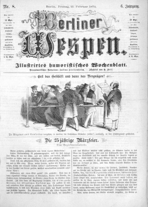 Eine alte Zeitung mit dem Titel 'Berliner Wespen' vom 21. Februar 1873, die eine Gruppe von Menschen in traditioneller deutscher Kleidung zeigt, die sich unterhalten.