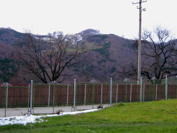 Eine grüne Landschaft mit einem Zaun, einem Pfahl und Bäumen, mit ein paar Häusern im Hintergrund.