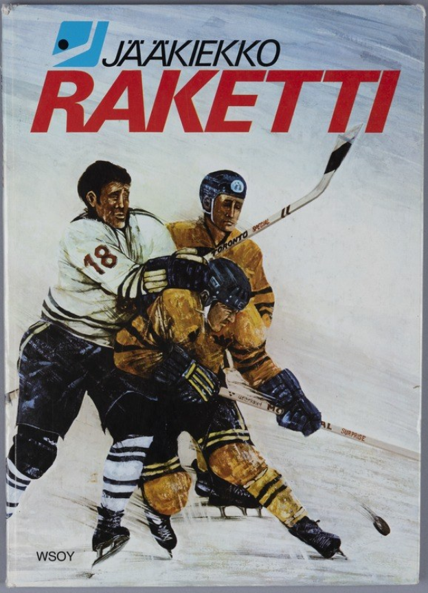 Buchumschlag mit dem Titel "Jääkiekko Raketti", der drei Eishockeyspieler beim Spiel mit einem Hockeystock auf einer flachen Oberfläche zeigt.