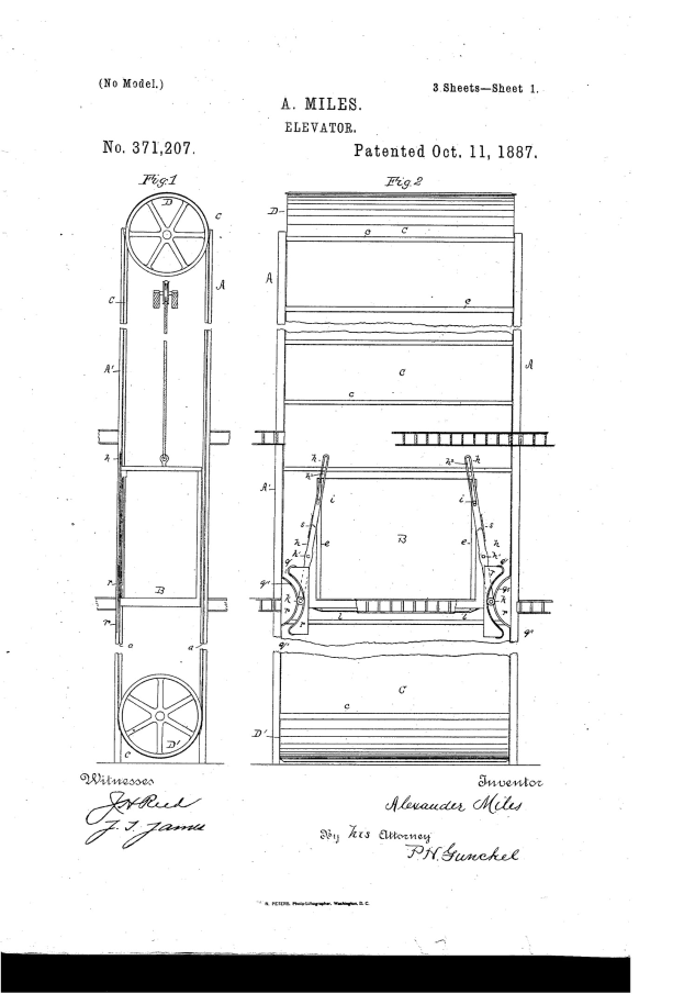 Patentzeichnung einer Maschine mit Rädern, einem Motor und anderen Komponenten, beschriftet mit "US Patent 3711207" auf weißem Papier.