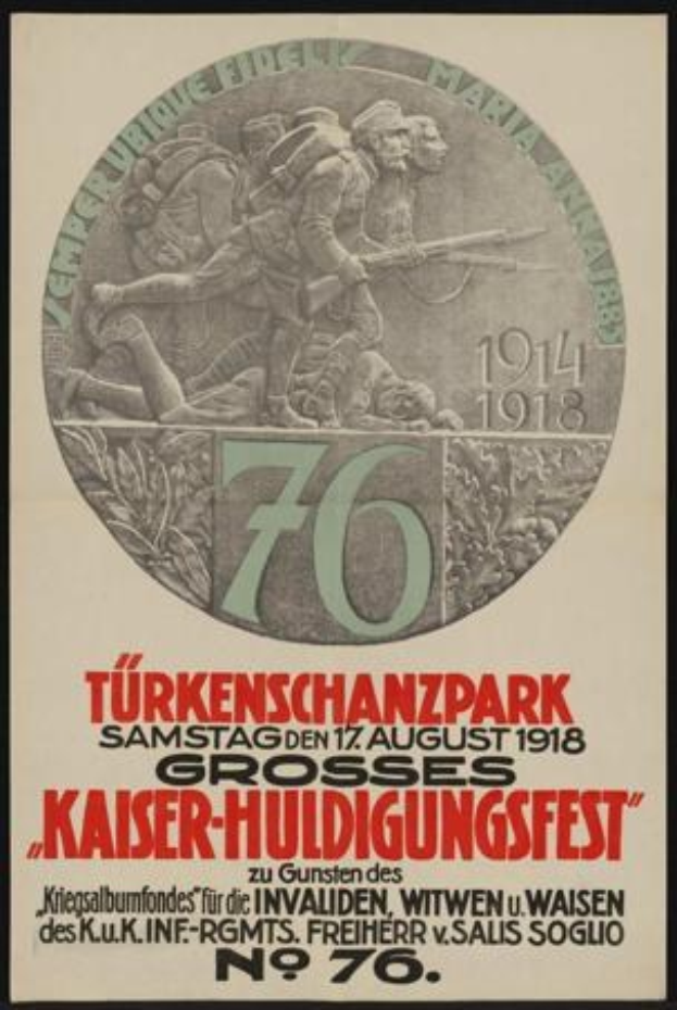 Plakat zum 70-j├Ąhrigen Jubil├Ąum des Kaiser-Huldigungsfestes in Berlin, Deutschland, mit einer Gruppe von Menschen umgeben von Text und Zahlen in einem Rahmen.