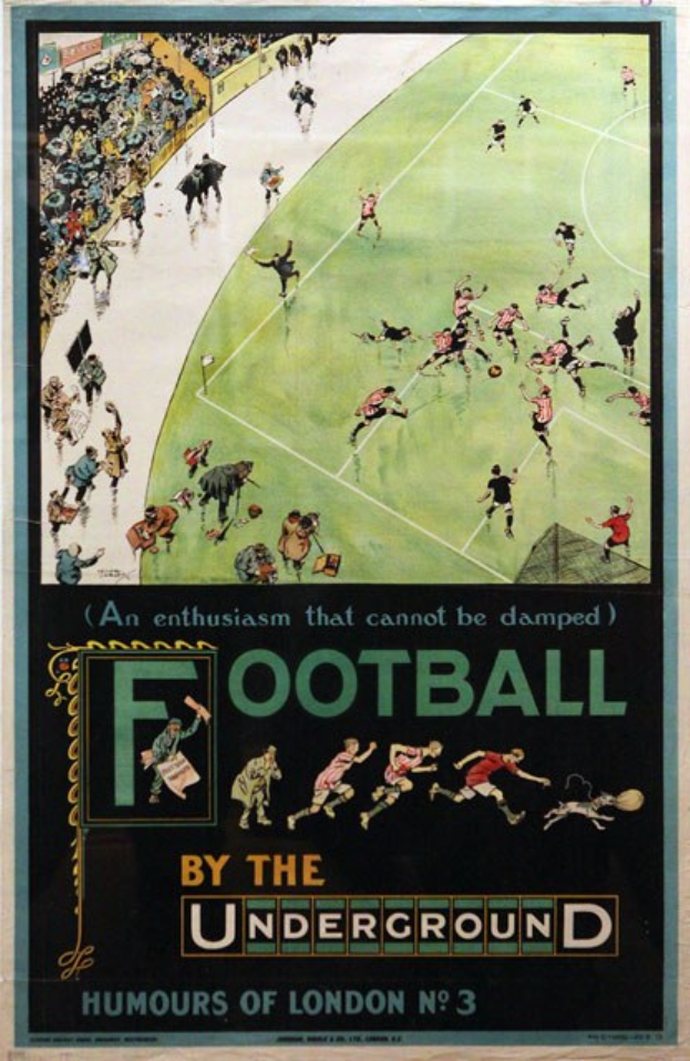 Ein Vintage-Plakat, das ein Fußballspiel mit dem Titel "Fußball unter der Erde - Humor von London Nr. 3" ankündigt, zeigt Zuschauer in einem Stadion.