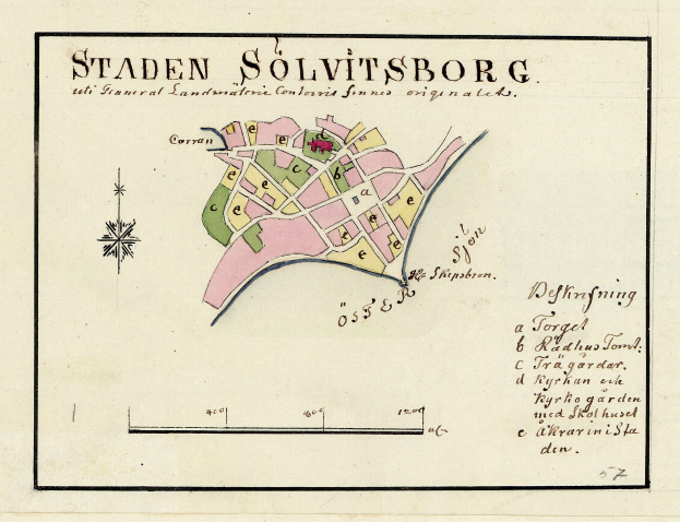 Detaillierte Papierkarte von Staden Solvitsborg, Schweden, mit Straßen, Gebäuden und Landmarken mit handgeschriebener Text.