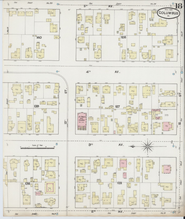 Detailierte alte Karte von Columbus, Ohio, mit Straßen, Parks, Sehenswürdigkeiten und beschrifteten Gebäuden.