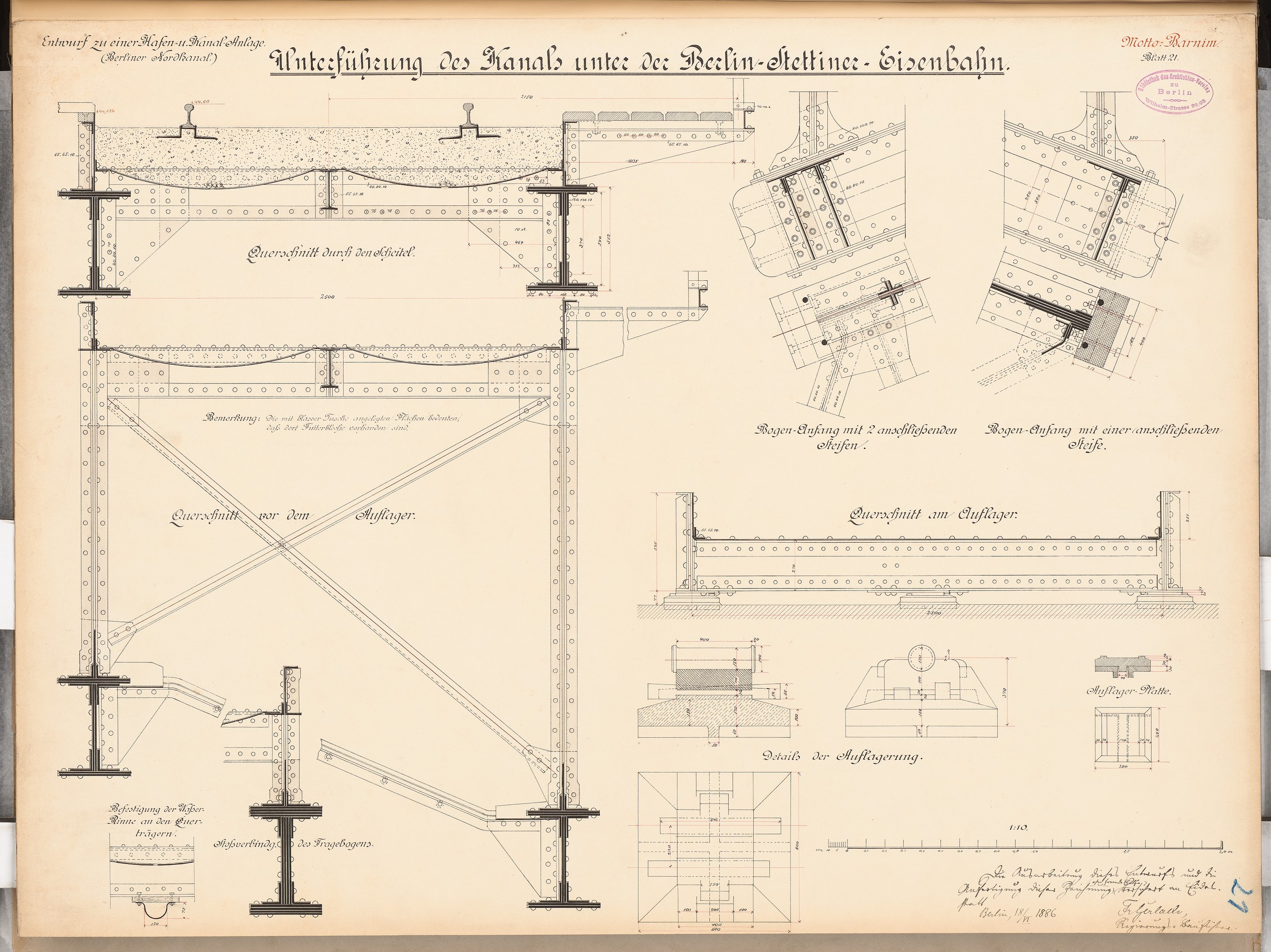 Detailierter Architekturplan der Berlin-Sienbahnbrücke mit strukturellen Zeichnungen und Anmerkungen auf Papier.