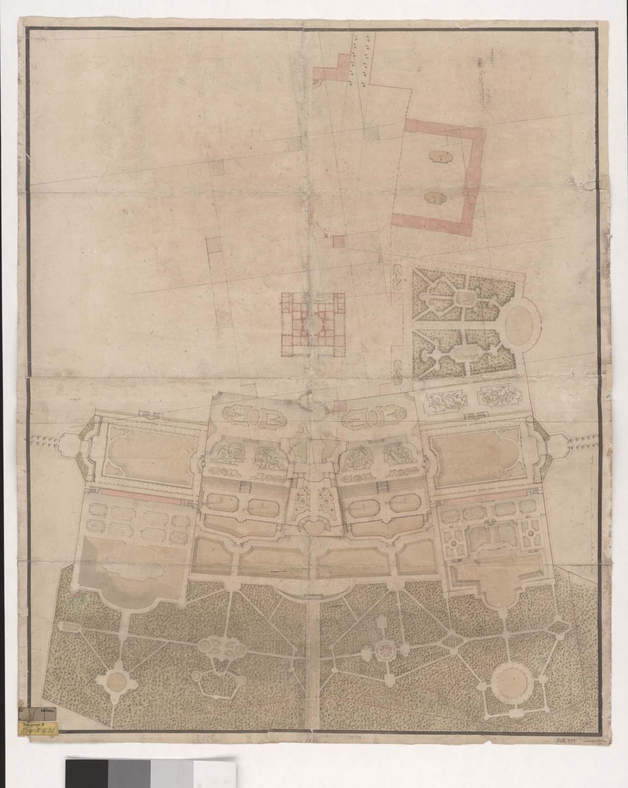 Ein detaillierter Stadtplanentwurf mit zahlreichen Gebäuden, mit einem prominenten zentralen Gebäude und begleitendem beschreibendem Text.