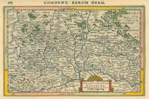 Eine vergilbte historische Karte von Deutschland, die die Provinzen Pfalz und Bayern hervorhebt, mit handgeschriebenem Text auf dem Papier.