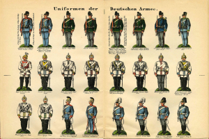 Ein Buch, das bunte deutsche Armee-Uniformen mit detaillierten Elementen wie Helmen und Gewehren zeigt, begleitet von beschreibendem Text.