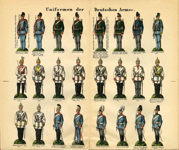 Ein Buch, das bunte deutsche Armee-Uniformen mit detaillierten Elementen wie Helmen und Gewehren zeigt, begleitet von beschreibendem Text.