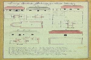 Ein detaillierter architektonischer Entwurf von Schloss Stiefen, einem deutschen Gefängnis aus dem Jahr 1797, mit einem Haus mit rotem Dach, strukturellen Plänen und beschreibendem Text.