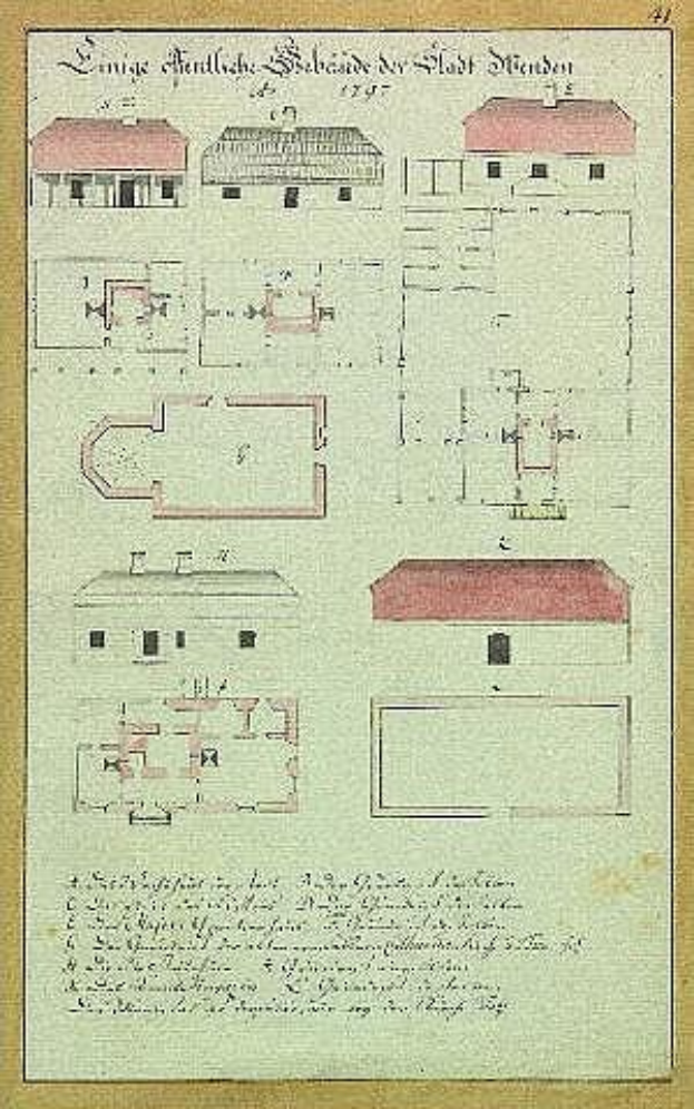 Ein detaillierter architektonischer Entwurf von Schloss Stiefen, einem deutschen Gefängnis aus dem Jahr 1797, mit einem Haus mit rotem Dach, strukturellen Plänen und beschreibendem Text.