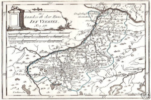 Ein Plakat mit einer detaillierten Karte des Rheins in Deutschland, einschließlich beschrifteter Sehenswürdigkeiten und geografischer Merkmale, zusammen mit Text und einem Bild einer Säule.